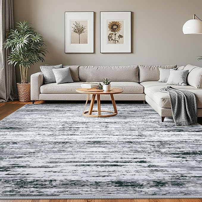 Lansny Modern Abstract 8x10 Large Machine Washable Living Room Rug Non-Slip Soft Bedroom Area Rug Black Gray White Ultra Thin Print Faux Wool Carpet Throw Rugs for Nursery Playroom Dining Room Indoor