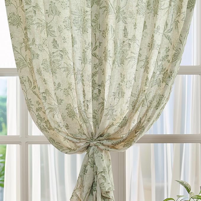 jinchan Linen Floral Curtains for Living Room with Printed Flower 63 Inches Long Light Filtering French Country Back Tab Rod Pocket Sage Green Window Curtain Set Farmhouse Drapes 2 Panels