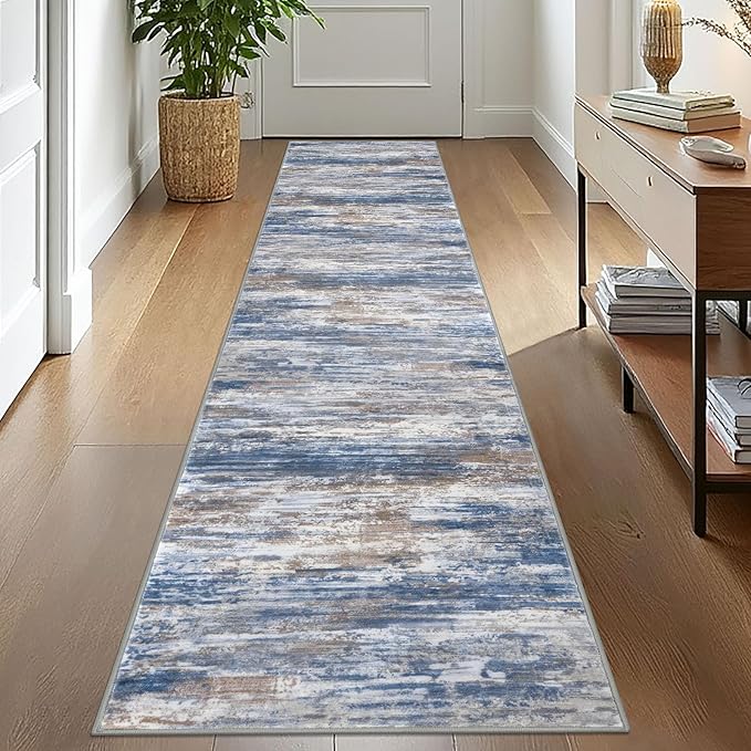 KOZYFLY Modern Abstract Hallway Runner, 2x10 Washable Rug Runner Non-Slip Soft Striped Kitchen Runner Rug, Blue Rust Print Carpet for Entryway Bathroom Laundry Room Foyer