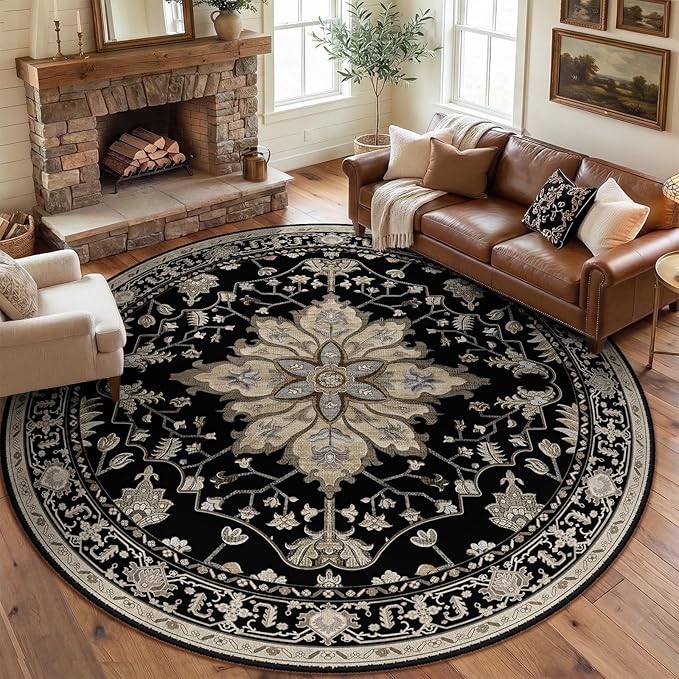 Area Rugs 8ft Washable Non-Slip, Floral Vintage Distress Print Pattern Medallion Carpet for Living Room Bedroom Dining Room, Black Brown Neutral Dark Tan