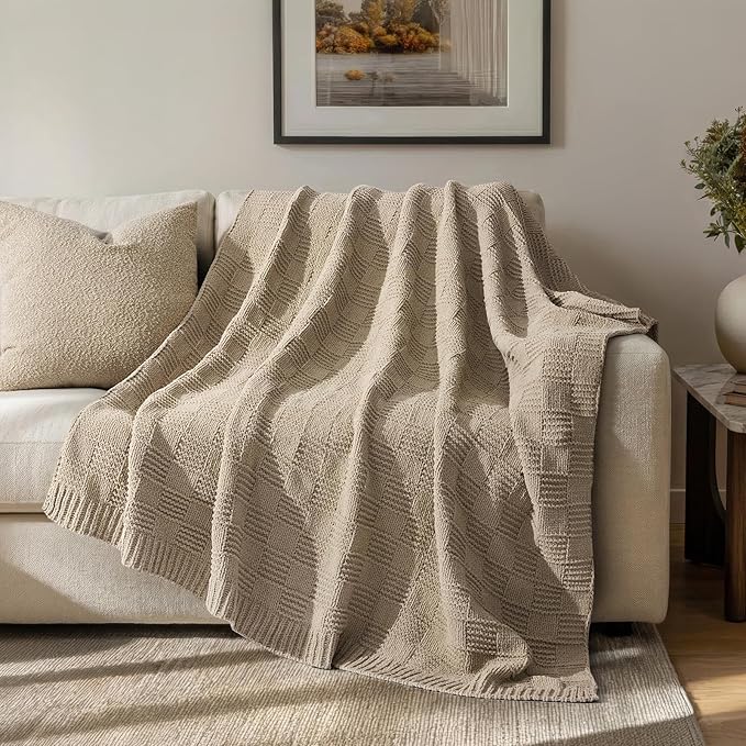 EVERGRACEHOME Modern Checkered Chenille Throw Blanket, Soft Cozy Plaid Knitted Blanket for Sofa & Couch, Decorative Knit Throw for Bed and Living Room, Sand Dune, 60" x 80"