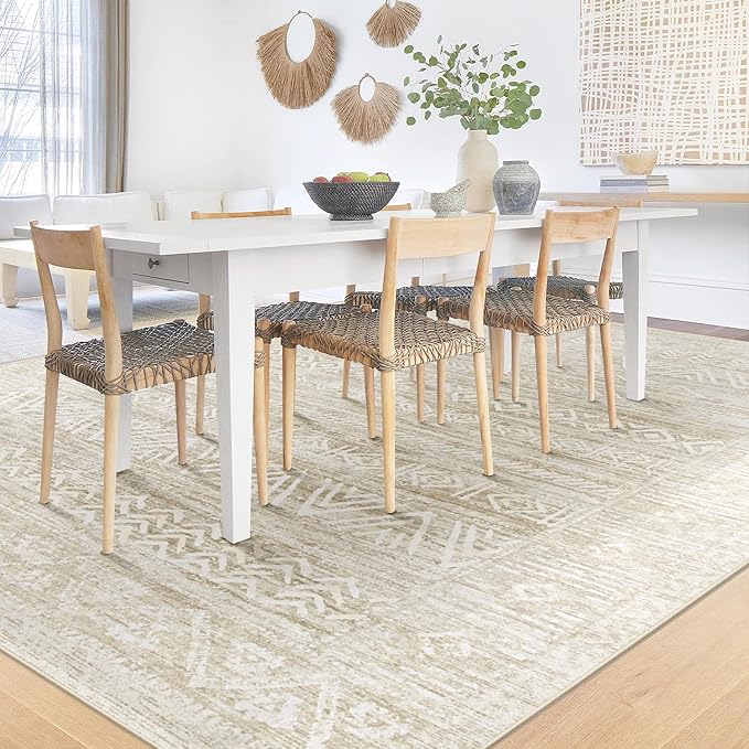 6x9 Area Rugs for Living Room: Washable Moroccan Geometric Boho Rug Farmhouse Non Slip Stain Resistant Large Rug Low Pile Soft Carpet for Bedroom Dining Room Home Office Kids Room (Ivory Beige,6'x9')