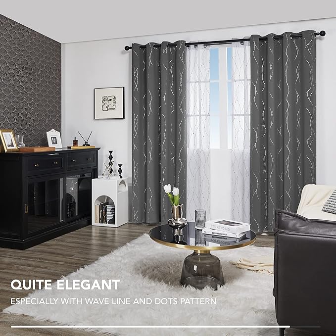 Deconovo Blackout Curtains, Grey Curtain, Thermal Insulated Soundproof Curtain Drapes, Wave Dot Foil Print, 52 x 84 Inch, 2 Panels, Machine‑Washable Privacy Window Drape for Bedroom Living Room Office