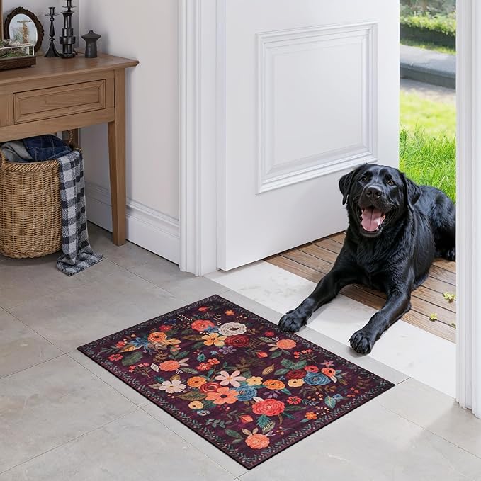 Area Rugs 24x17 Inch Home Decor Entry Rug, Small Door Mat Bath Mats for Bathroom, Ultra-Thin Non Slip Floral Low Pile Tub Mat for Sink Shower Doorway Tub Kitchen Sink(2 x 1.4 ft, Purple)