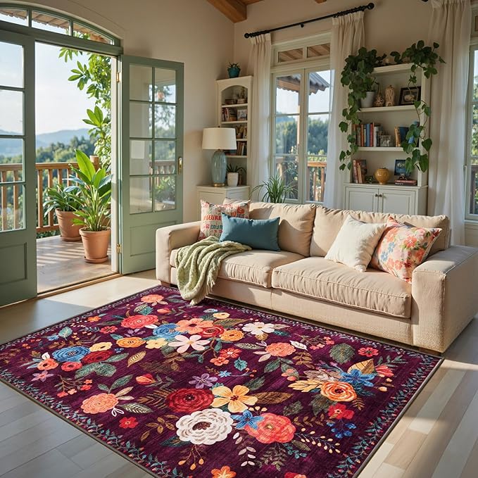 Living Room Rugs, Area Rugs 5x8 Rug for Bedroom Ultra-Thin Soft, Non-Slip Washable Rugs Stain Resistant Boho Rug Low-Pile Throw Rug for ‎Dining Room Office (5 x 8, Purple)