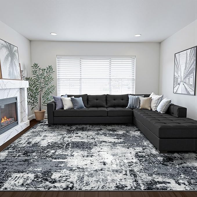 Washable Area Rugs 8'x10' Non-Slip Modern Abstract Soft for Living Room Entryway Bedroom Nursery, Print Pattern, Black Navy Blue Gray