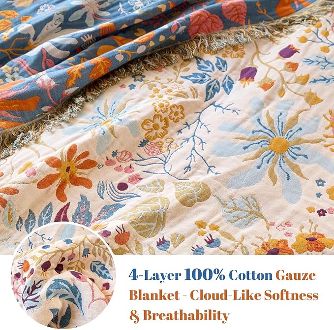 MSGKV Boho Throw Blanket for Couch 100% Cotton 50"x60" Floral Blanket Sofa Chair Throws Spring Breathable Lightweight Farmhouse Blankets Home Decor All Seasons