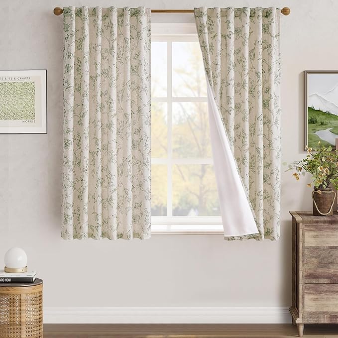 jinchan Floral Curtains Lined Linen Blend Curtain for Living Room 63 Inch Length Sage Green Farmhouse Flower Patterned Curtain French Country Curtains Drapes Back Tab Rod Pocket 2 Panels