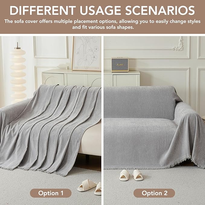 Couch Cover for Dogs, Boho Sofa Covers for 3 Cushion Couch, Chenille Sofa Slipcover for Pets Washable, L-Shape Sectional Couch Loveseat Cover Soft Throw Blankets with Tassels(91x134,Grey)