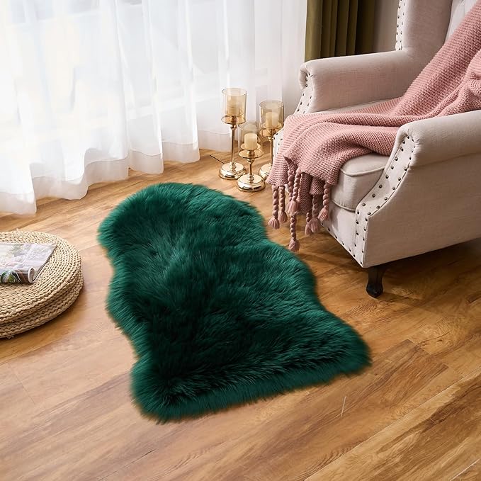 EasyJoy Ultra Soft Fluffy Shaggy Area Rug Faux Fur Rug Chair Cover Seat Pad Fuzzy Area Rug for Bedroom Floor Sofa Living Room (2 x 4 ft Sheepskin, Dark Green)