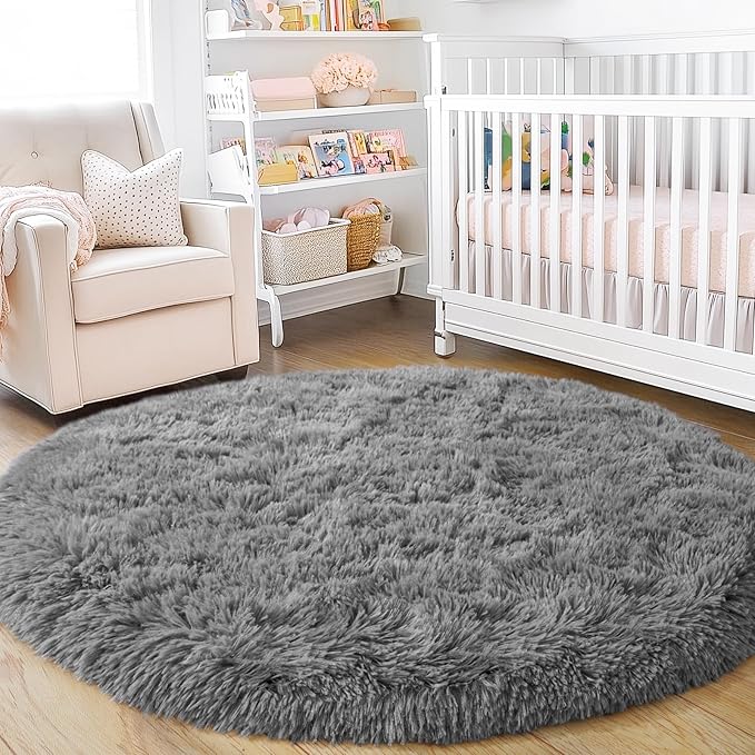 4'x4' Grey Round Rug for Bedroom, Ultra Soft Fluffy Circle Rug for Kids Girls Boys Room, Cute Shag Rugs for Living Room Playroom Teen Room Home Decor Rug