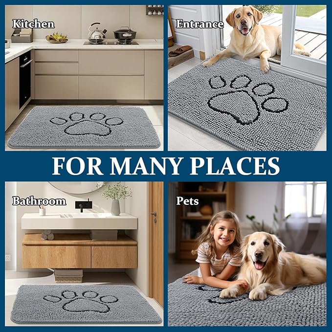 OLANLY Dog Door Mat for Muddy Paws 47x32, Paw Print Design, Absorbs Moisture and Dirt, Absorbent Non-Slip Washable Doormat, Quick Dry Chenille Mud Mat for Dogs, Entry Indoor Entryway Carpet, Grey
