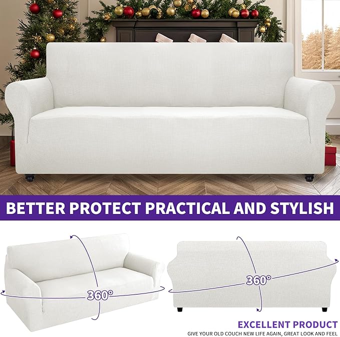 ZNSAYOTX Stretch Oversized Couch Cover Universal Sofa Covers for Living Room Dogs Pet Furniture Protector Spandex Extra Large Sofa Slipcovers with Anti Slip Foam Sticks (White, XL Sofa)