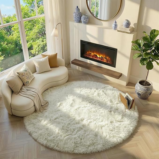 Amdrebio Ivory White Round Circle Rug 6Ft for Kids Bedroom Aesthetic, Big Shag Fluffy Fuzzy Boho Area Rugs for Living Room, Circular Plush Soft Shaggy Cream Carpet for Baby Nursery Teen Girls Boys