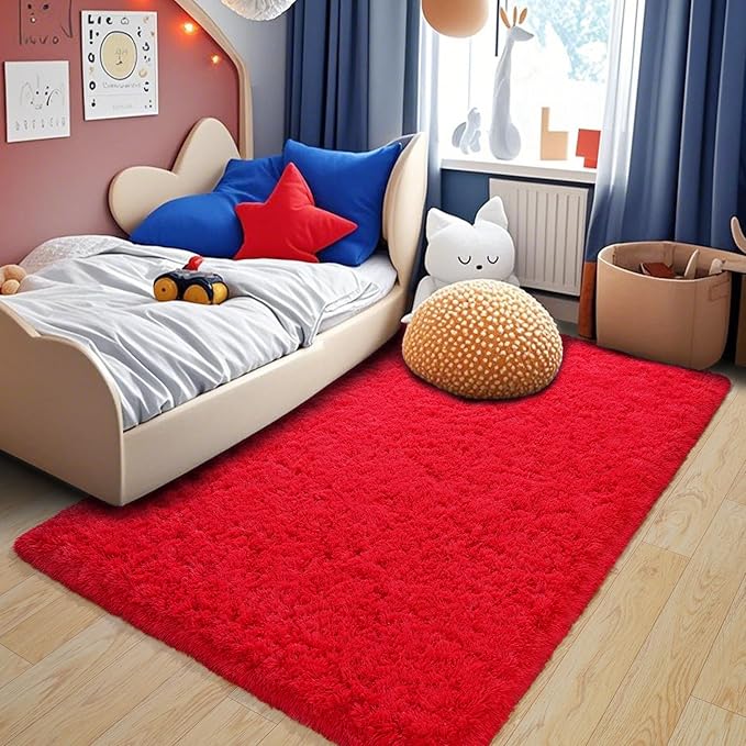 Pionblank Fluffy Area Rug for Bedroom 4x6 Feet, Shag Soft Rug for Living Room, Indoor Comfy Cute Plush Bedside Carpet for Girls Boys Room Teens Dorm Nursery Decor, Red