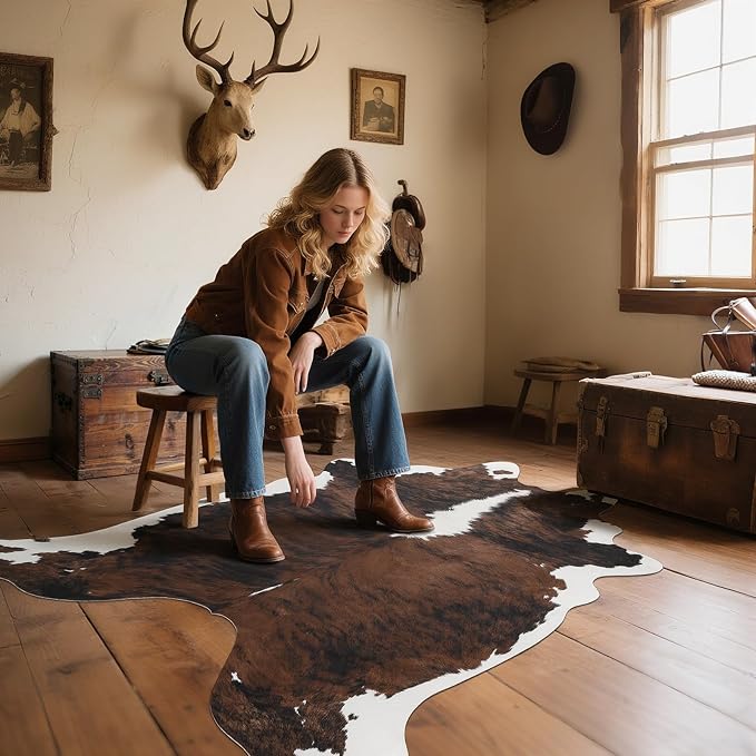 AROGAN Western Decor Faux Fur Cowhide Rug, 4.6x5.2 Feet Premium Animal Skin Cow Hide Rug, Sturdy Cow Print Rugs for Wall Decor, Western Floor Carpet for Bedroom Living Room, Black and Brown