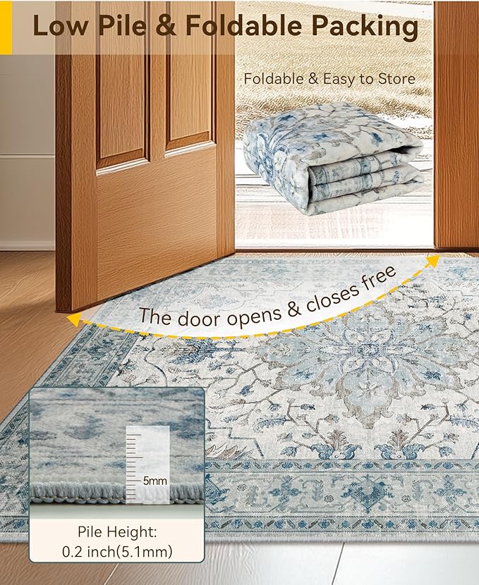Area Rugs 2'6''x5' Runner Rug Non Slip Washable for Kitchen Hallway Bedroom Beside Laundry Room Bathroom Rug, Floor Carpet, Light Blue Navy Beige Gray White