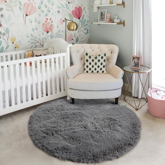 Grey Round Rugs 4Ft for Living Room Bedroom, Fluffy Fuzzy Shag Shaggy Circle Area Rug for Kids Room Home Office Decor Aesthetic, Furry Soft Plush Indoor Floor Gray Carpet for Baby Nursery Preppy Dorm