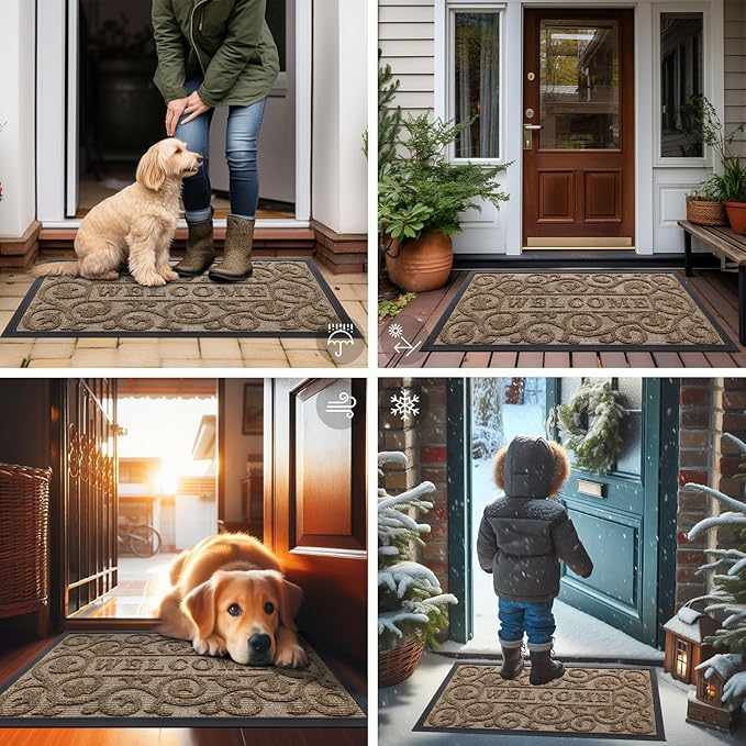 Smiry Welcome Door Mat Outside Entrance, Heavy Duty Trap Dirt and Moisture Easy Clean Low Profile Patio Porch Indoor Outdoor Front Doormat for Entry, 35x23 Inch, Brown