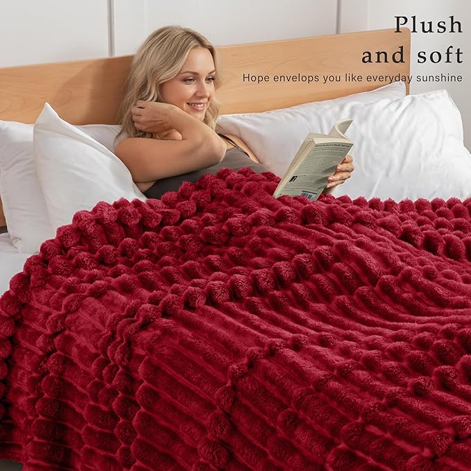 Exclusivo Mezcla Fleece Throw Blanket for Couch, Super Soft Striped Jacquard Bed Blanket, Lightweight Fuzzy Cozy for All Seasons, 50x60 Inches, Deep Red