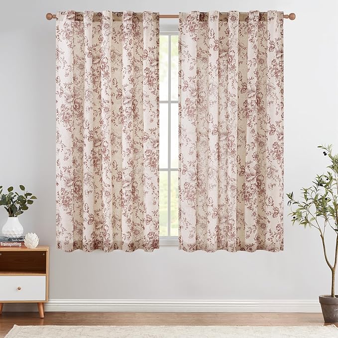 jinchan Linen Blend Curtain Floral Curtains for Living Room 63 Inch Length Farmhouse Brick Red Printed Curtain Rod Pocket Back Tab Peony Flower Patterned Drapes Curtains Set 2 Panels
