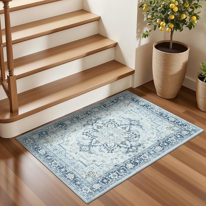 Lofus 2x3 Washable Rug for Entryway Bathroom, Non Slip Kitchen Mats for Floor, Vintage Soft Door Mat Indoor Entrance, Small Area Rugs, Farmhouse Carpet for Entry Living Room Bedroom, Blue Gold