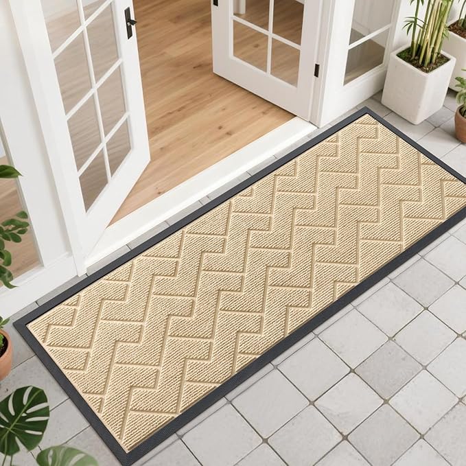OLANLY Front Door Mat Indoor Outdoor Entrance, Waterproof All-Season, All-Weather Doormat, Sturdy Natural Rubber, Low Profile, Easy Clean Patio Porch Entryway Mat, Herringbone Brick (Beige, 47x17)