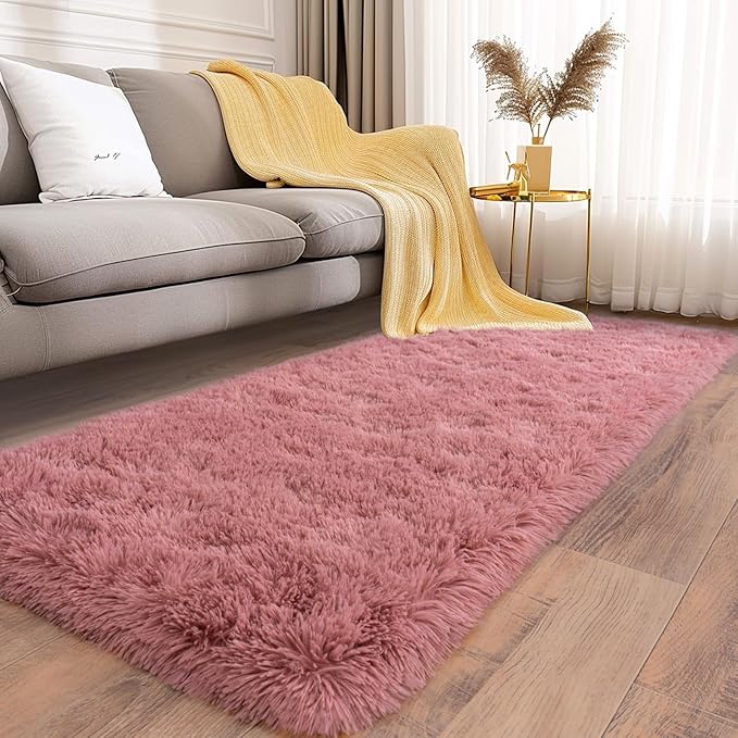 Soft Runner Rugs for Bedroom Hallways, 2x5 Blush Pink Fluffy Shag Throw Area Rug Non Slip for Bedside Dorm, Long Shaggy Furry Carpet for Nursery Living Room