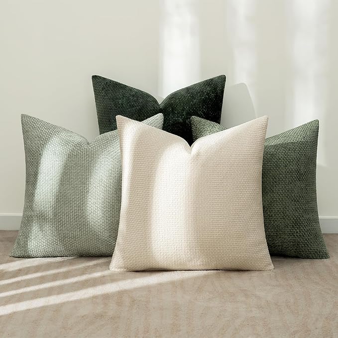 MIULEE Pack of 4 Couch Throw Pillow Covers 20x20 Inch Neutral Green Soft Decorative Chenille Pillow Covers Farmhouse Accent Cushion Covers for Boho Spring Home Decor Sofa Bedroom Living Room