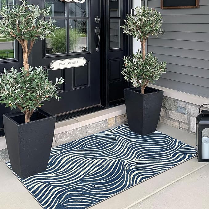 Front Door Mat Indoor Entrance - 2x4.3 Ft Modern Washable Layered Doormat Outdoor Entrance Porch Rug Non-Slip Abstract Blue White Waves Runner Rug for Kitchen Bedroom Laundry Room Porch Decor