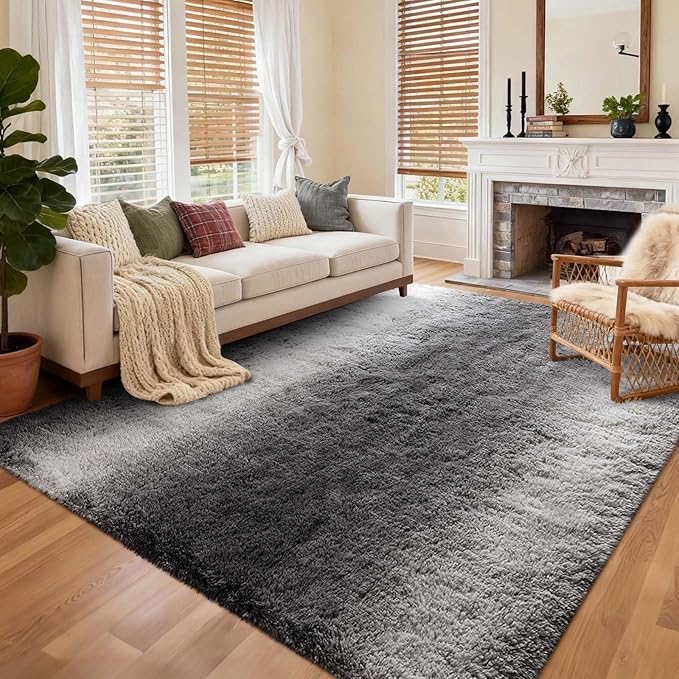 Area Rugs for Living Room, 6x9 Feet Soft Fluffy Plush Rug High Pile Non-Slip Floor Carpet for Bedroom Dorm Decor Aesthetic Grey White Gradient