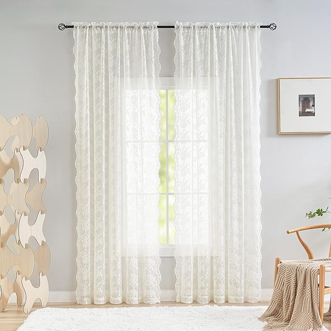 YJ YANJUN Vintage Lace Curtains 84 Inches Long-Victorian Floral Pattern Ivory Sheer Curtain Panels for Living Room Bedroom French Door, Light Filtering Drapes, 2 Panels 52W x 84L Cream