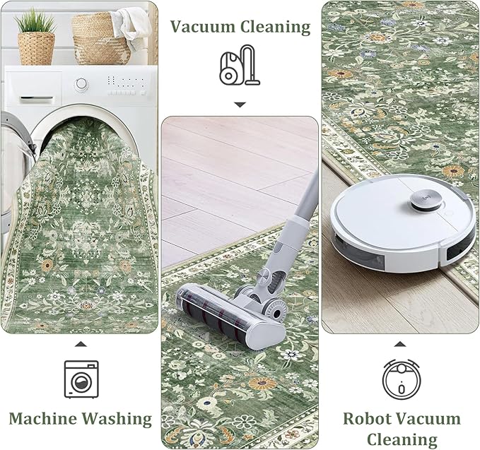 Yamaziot Washable Runner Rug 2x4 – Non Slip Boho Floral Hallway Runner Rug with Rubber Backing, Low Pile Faux Wool Distressed Carpet for Kitchen, Laundry, Bedroom, Entrance, Green