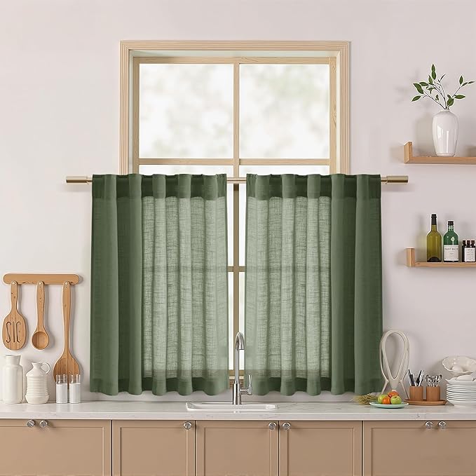 Nanspring Short Linen Cafe Curtains 36 Inch Length for Kitchen Windows Over Sink Olive Green Semi Sheer Curtains Back Tab Rod Pocket Sheer for Cafe Basement Small Windows 36x36 Inches, 2 Panels