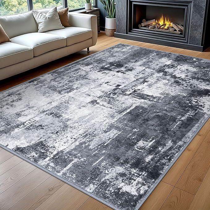 KOZYFLY Modern Abstract Area Rug 8x10 Gray Washable Large Living Room Thin Rugs Bedroom Non Skid Carpet with Faux Wool Soft Low Pile for Dining Room Living Room Office Dorm Kitchen Table Apartment