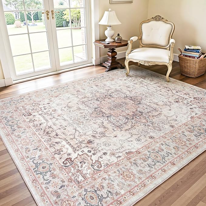 Lofus 6x9 Area Rugs for Living Room, Washable Area Rug, Rugs for Bedroom, Kitchen, Vintage Boho Carpet, Soft Non-Slip, Low Pile Large Area Rug for Office Dining Room, Pink