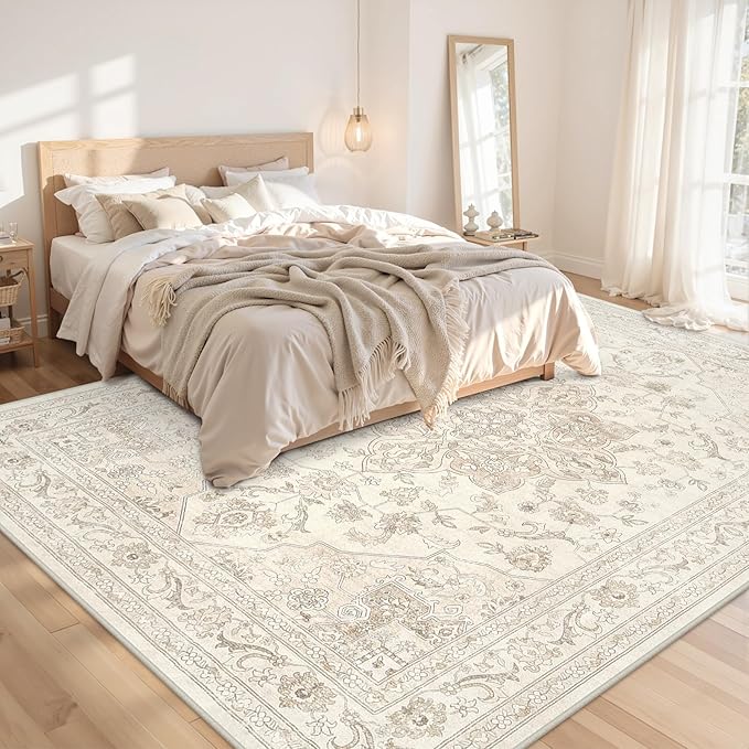 Area Rugs 9x12 Living Room: Vintage Boho Neutral Washable Rug Indoor Soft Large Area Rug Carpet for Bedroom Nursery Farmhouse Dining Room Office Floor Non-Slip Low Pile Under Table Rug Beige White
