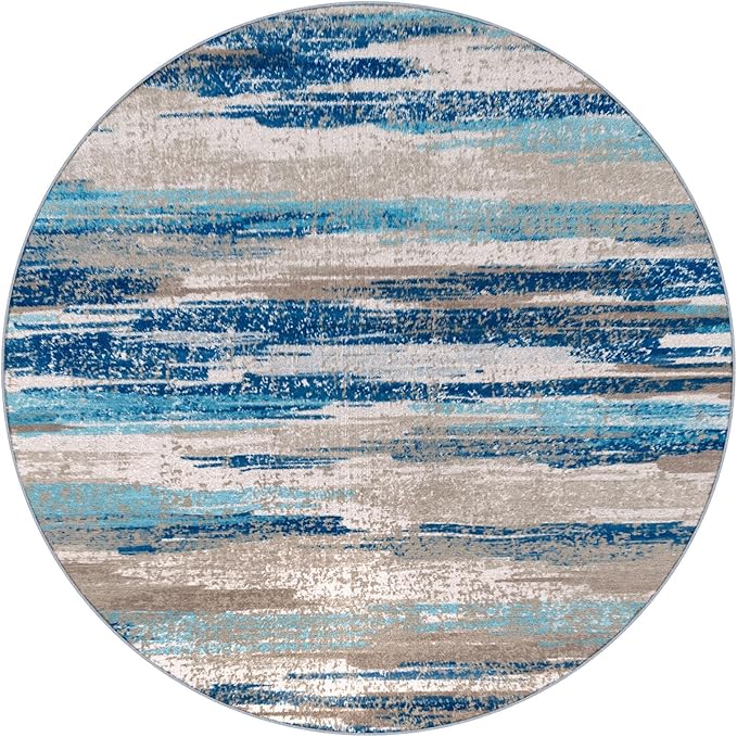Lansny Modern Abstract Round Rug 6Ft, Blue Round Rug Washable Non-Slip Soft Small Circle Rug, Circular Dining Room Rugs Thin Print Faux Wool Carpet for Bedroom Living Room Office Playroom