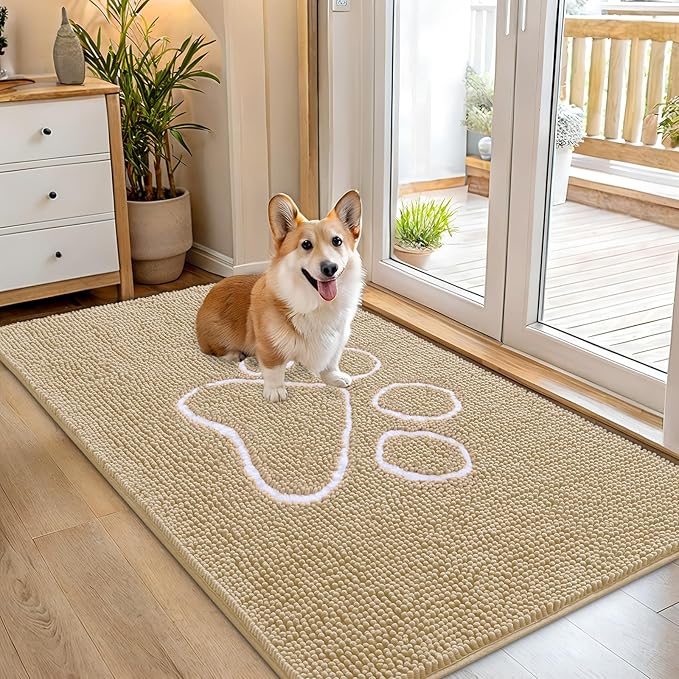 OLANLY Dog Door Mat for Muddy Paws 54x32, Paw Print Design, Absorbs Moisture and Dirt, Absorbent Non-Slip Washable Doormat, Quick Dry Chenille Mud Mat for Dogs, Entry Indoor Entryway Carpet, Beige