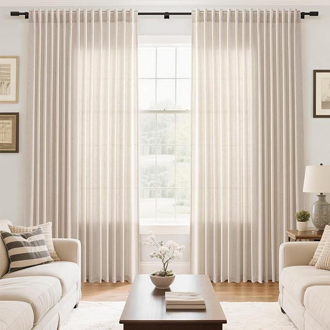 Beige Large Window Curtains Light Filtering Semi Sheer Privacy Linen Textured Curtain for Patio Sliding Glass Door Extra Wide Rustic Farmhouse Drapes for Living Room Bedroom Sunroom 100x90 Inch