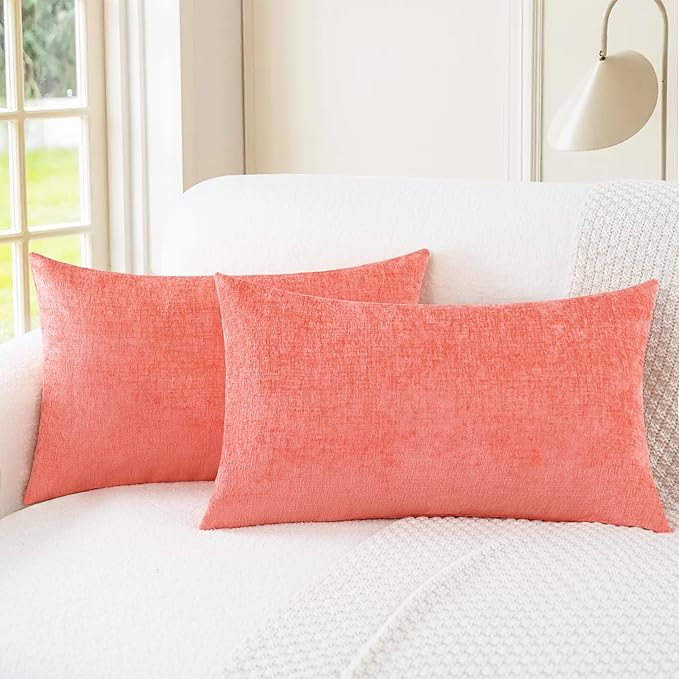 CaliTime Throw Pillow Covers Decorative 16 X 26 Inches Pack of 2 Cozy Chenille Cushion Cases for Couch Sofa Bed Living Room Home Living Coral