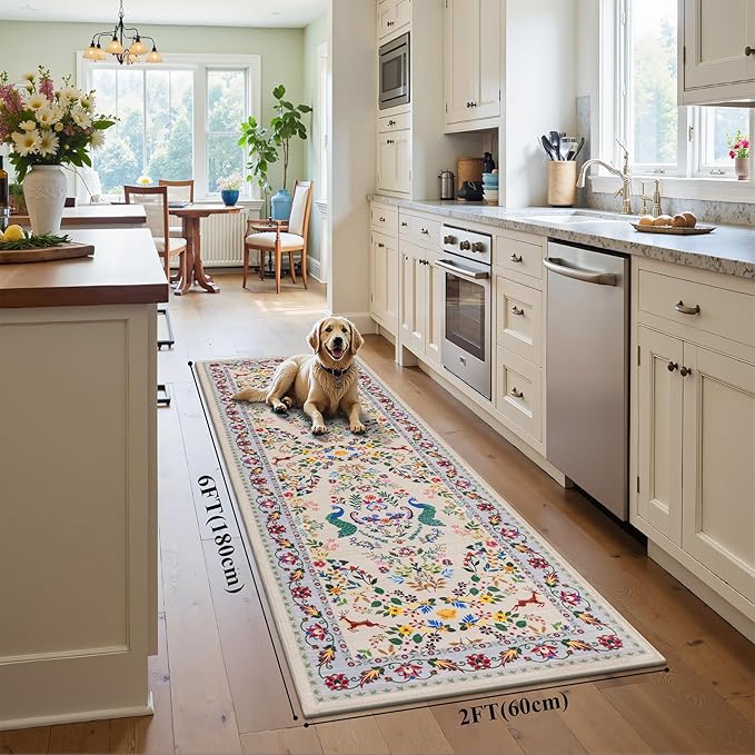 HEBE Washable Hallway Runner Rug 2'x 6' Non Slip Kitchen Rugs Runner,Low Pile Entryway Rug Laundry Room Mat Floral Carpet Runners for Hallways, Kitchen,Bathroom,Laundry,Bedside Rug