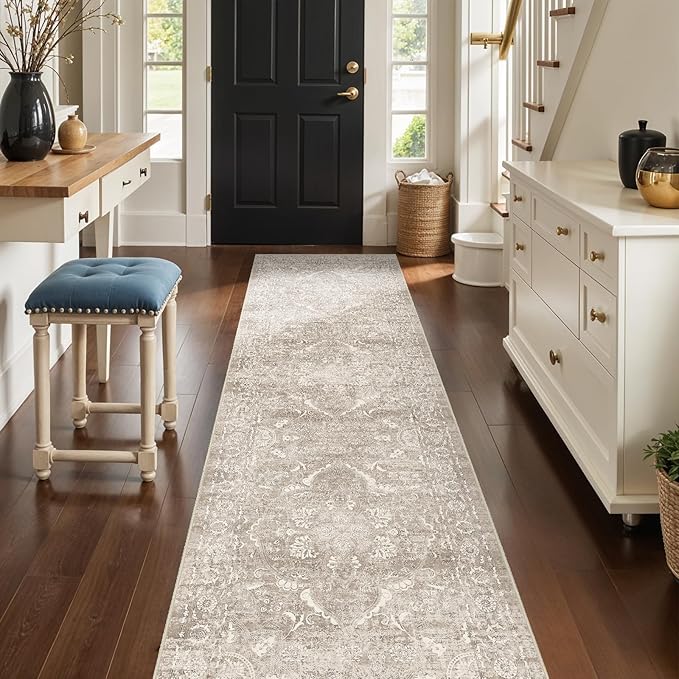 Washable 3x12 Runner Rug - Non-Slip Vintage Runner Rug for Entryway Low-Pile Medallion Long Rugs for Hallway Waterproof Traditional Runner Rugs Indoor Thin Rug for Kitchen (Beige)