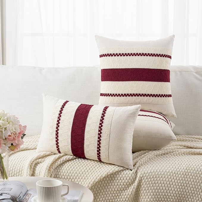Fancy Homi Set of 1 Burgundy Boho Long Lumbar Decorative Throw Pillow Cover 12x20 Inch for Couch Bed Sofa, Aesthetic Modern Farmhouse Christmas Room Decor, Soft Cotton Cute Wind Red Cushion Case