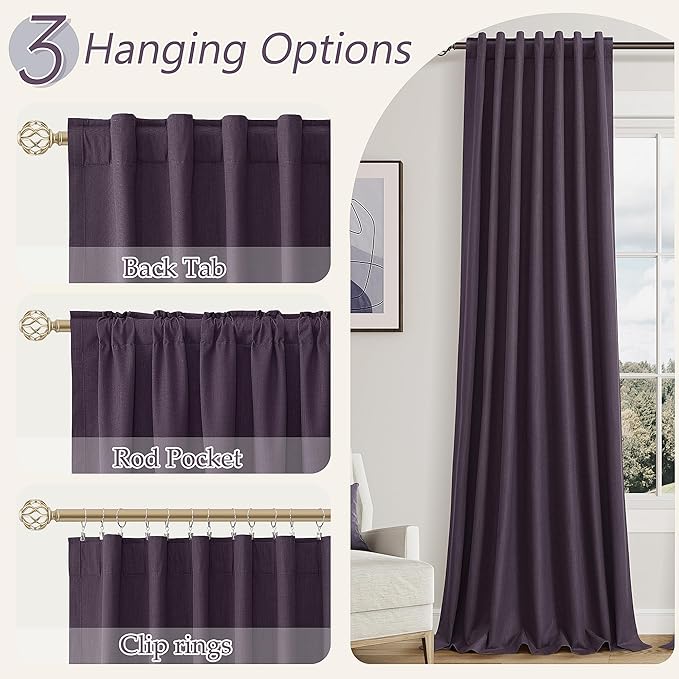 Guken 100% Blackout Curtains 102 Inch Length 2 Panels Set for Living Room Bedroom Back Tab Thermal Insulated Black Out Linen Drapes Room Darkening Window Curtains 102 Inches Long,Plum