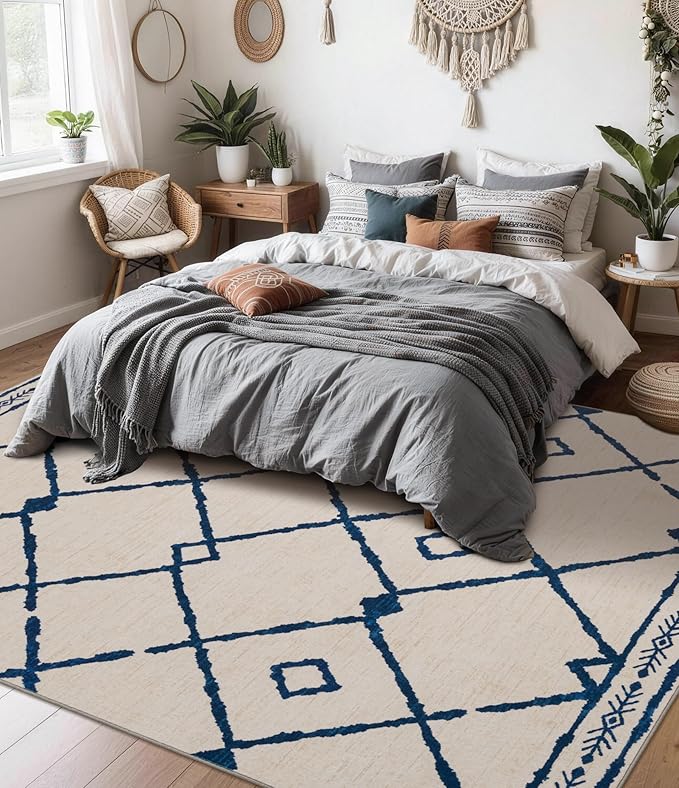 YIHOUSE Boho 5x7 Area Rugs for Living Room, Western Beige and Blue Rug, Moroccan Geometric Soft Low-Pile Washable Rugs for Bedroom, Dining Room