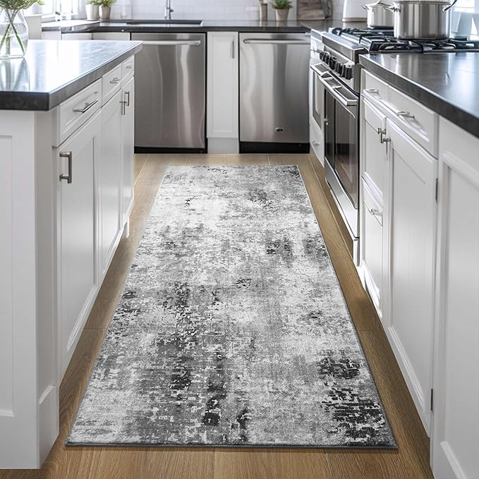 Ompaa Runner Rug for Hallways Kitchen Runner Rug Non Slip 2'6''x8' Washable Grey Long Runner Rugs with Rubber Backing Soft Abstract Carpet Runner for Entryway, Kitchen, Bedroom, Bathroom