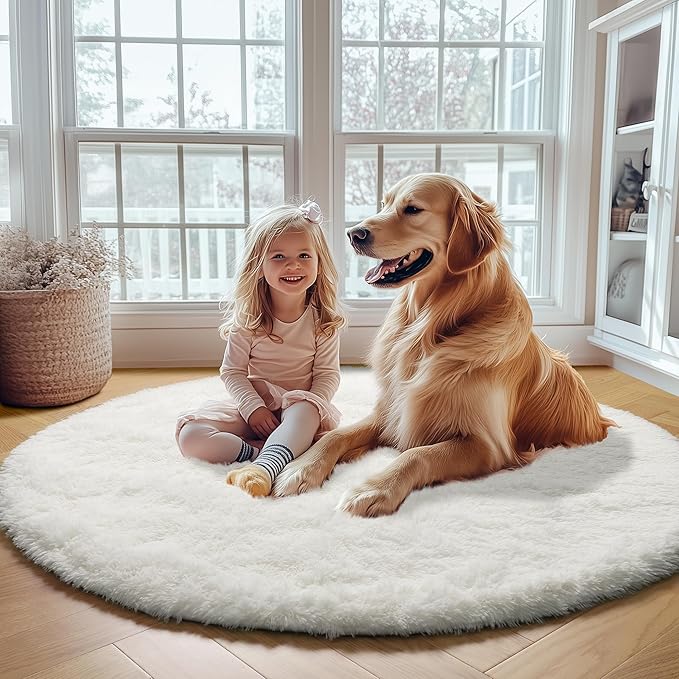 ONASAR Cream White Round Rugs 8ft for Living Room, Ivory Fluffy Bedroom Circle Area Rug, Soft Plush Shaggy Carpet for Kids Girls Boys Teen Nursery Dorm Classroom Playroom Home Decor Aesthetic
