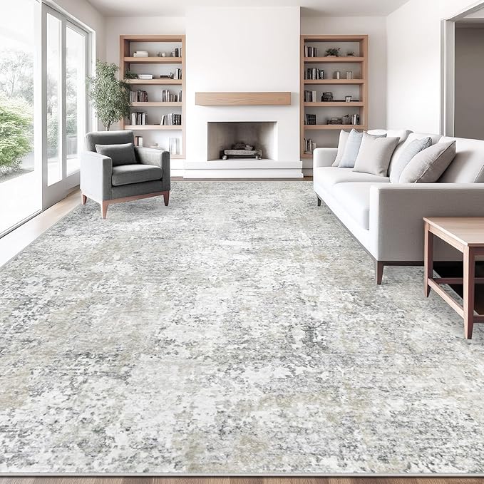 10x14 Area Rugs for Living Room, Washable Modern Abstract Large Area Rug Neutral Soft Non Slip Kids Rug Stain Resistant Indoor Carpet for Bedroom Dining Room Playroom Office(BeigeGrey, 10'x14')