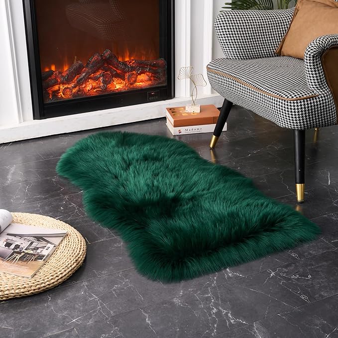 EasyJoy Ultra Soft Fluffy Shaggy Area Rug Faux Fur Rug Chair Cover Seat Pad Fuzzy Area Rug for Bedroom Floor Sofa Living Room (2 x 4 ft Sheepskin, Dark Green)